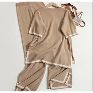 Fashion Clothing 2-Piece Knit Set M Tan Cream Trim Long Sleeve Wide Leg Comfy